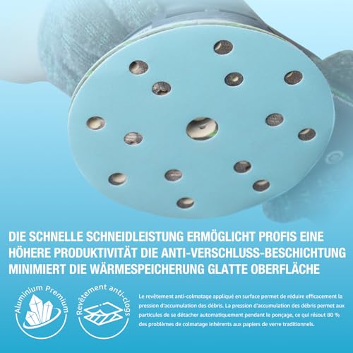 Schleifpapier 150mm Klettverschluss Blau 15 Loch Schleifscheiben 80 Körnung Schleifscheiben 50 Stück Keramik Schleifpapier Staubentfernung Geeignet für Metall und Holz