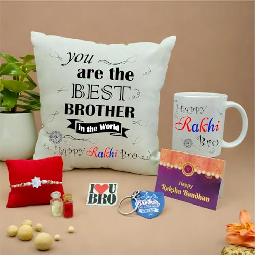 Image of PICRAZEE Raksha Bandhan Gift Set for Brother - Rakhi with Roli-Chawal Bottles Tilak Set, 12 inch Cushion with Filler, Ceramic Mug, Keyring, Fridge Magnet, Greeting Card