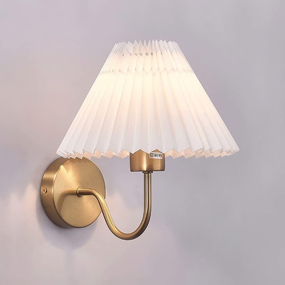 Applique da Parete per Interni con Paralume in Tessuto Plissettato Lampada da Parete per Camera da Letto Lampada da Comodino Lampada da Parete Vintage in Tessuto con Finitura in Ottone Anticato per