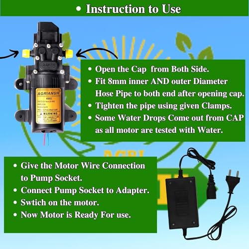Image of Agriansh Heavy Duty 12V DC Water Pump Motor Kit with Charger, Hosepipe & Clamps - 110 PSI Self-Priming Diaphragm Pump for Bike Wash Agriculture Spray, Gardening, Solar Panel, Home Water Pressure Boost