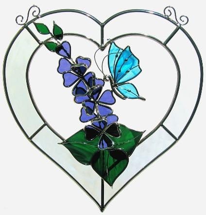 Blue Butterfly on Purple Flower Branch – Stained Glass Heart Suncatcher with Beveled Glass – 11” x 11” Hanging Window Panel – Symbol of Wishes & Joy – Juhlin Glass Studio