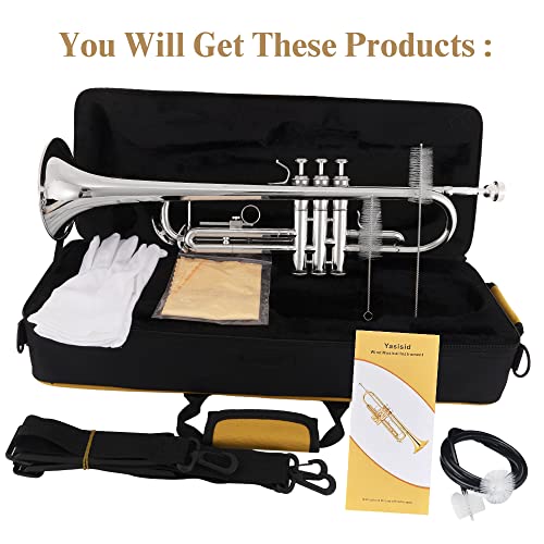 Yasisid Bb Standard Trumpet Set, Brass Adults Play Western Wind Instruments For Beginners Or Advanced Students, With Hard Case, Cleaning Kit, 7C Mouthpiece, Cloth And Gloves (Silver) #TOP4