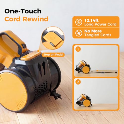Image of NEWBULIG Canister Vacuum Cleaners for Home, Bagless Vacuum Cleaner, Yellow | 850W 16Kpa Suction, 12.14 ft Retractable Cord, Washable HEPA, 1.8L Large Dust Cup for Hard Floor & Carpet