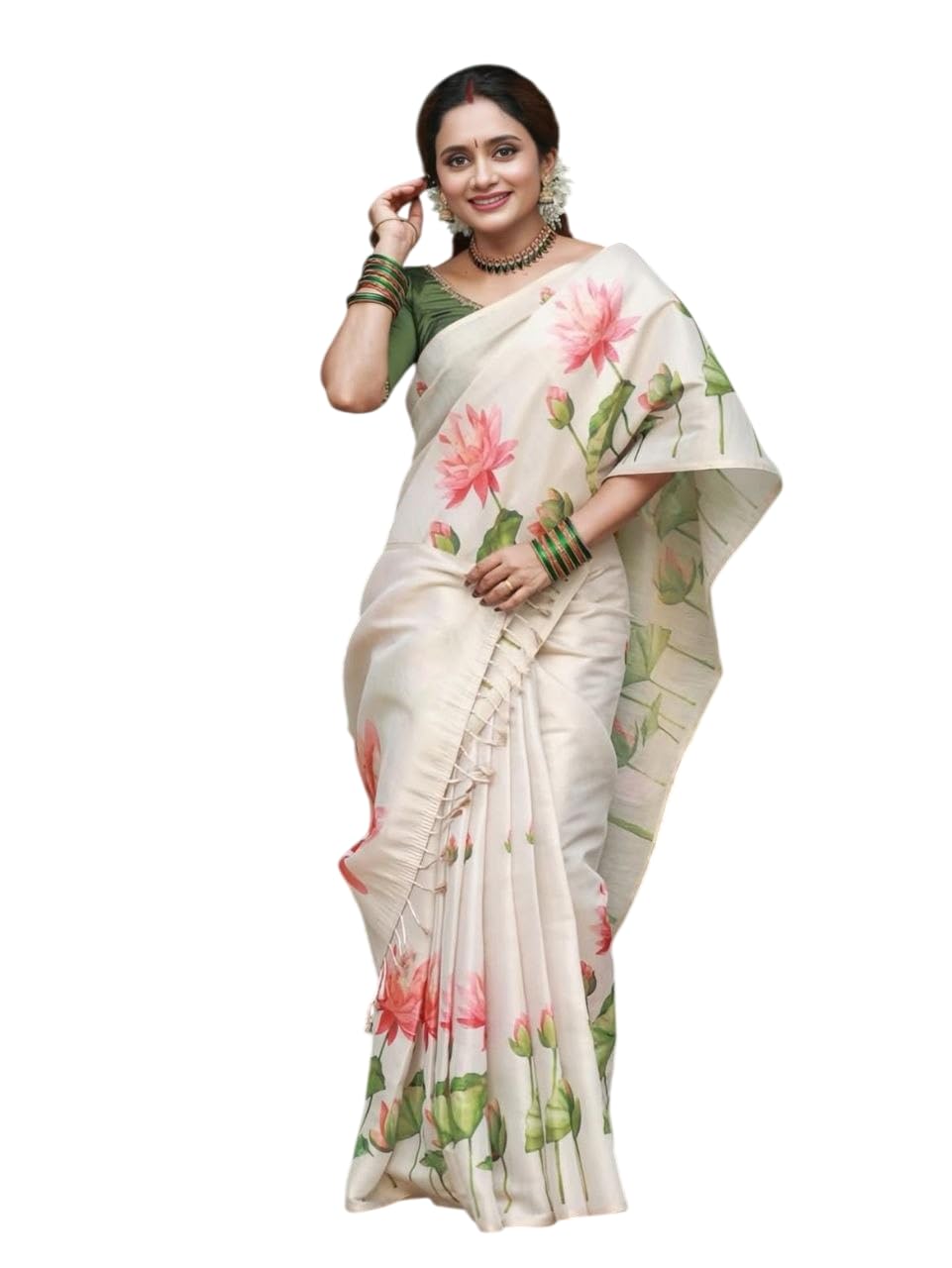Linen Tissu Silk Saree with Floral Print Designer and Green Contrast Blouse Piece.-image-42