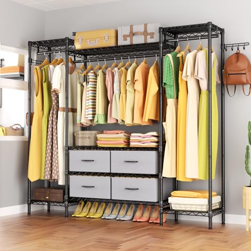 Large Garment Rack Heavy Duty Clothes Rack,Freestanding Closet Portable Clothing Rack with 8 Adjustable Wire Shelves,3 Hang Rods,4 Fabric Drawers,2 Hooks,Metal Closet Storage Wardrobe,MaxLoad 900lbs - Thumbnail 6