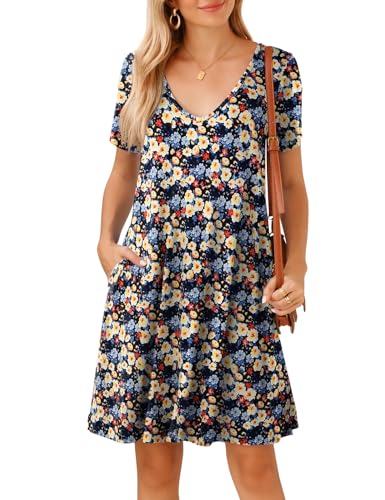 Image of JollieLovin Women T Shirt Plus Size Summer Swing Dresses Short Sleeve V Neck Loose Casual Dress(L-5X)