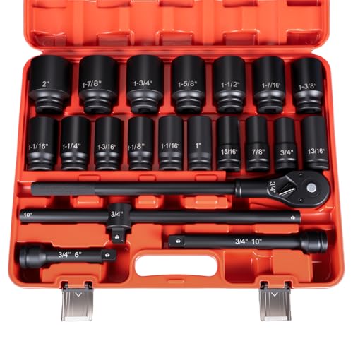TUZkozs 3/4" Drive Impact Socket Set,21-Piece SAE (3/4 to 2 Inch) Sizes with Ratchet handle (24 tooth) Sliding T-head Breaker Bar,Drive Extensions,6-Point,Cr-Mo Alloy Steel,Heavy Duty Storage Case