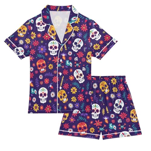 ALAZA Sugar Skull Flower Floral Cute Pajamas Satin Pajama Set Short Sleeve Button Down Sleepwear