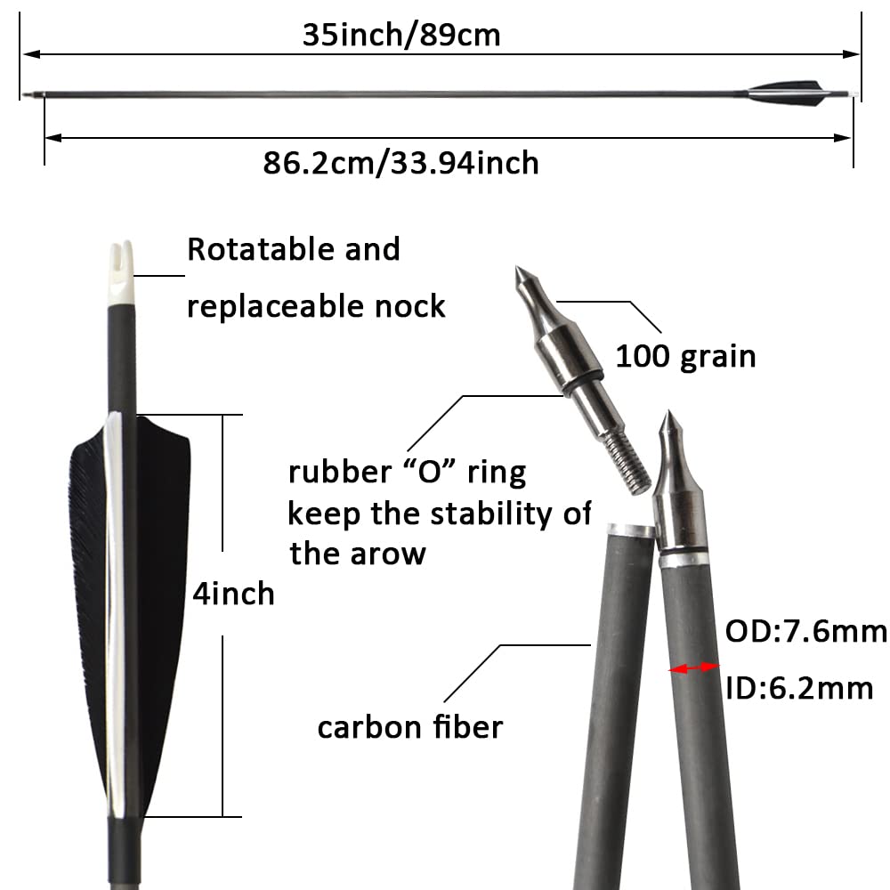 34" Frecce in carbonio Spine 500 Frecce da caccia Piuma naturale con 100 grani punta di freccia sostituibile per arco ricurvo Arco composto Caccia al tiro con l'arco (Frecce)