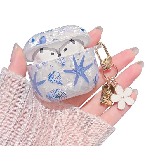 Image of MINSCOSE for AirPods 4 Clear Case,Cute Glitter Seashell and Starfish Pattern Design with Folral Keychain,Soft TPU Protective Cover for Girls Women for AirPods 4-Blue