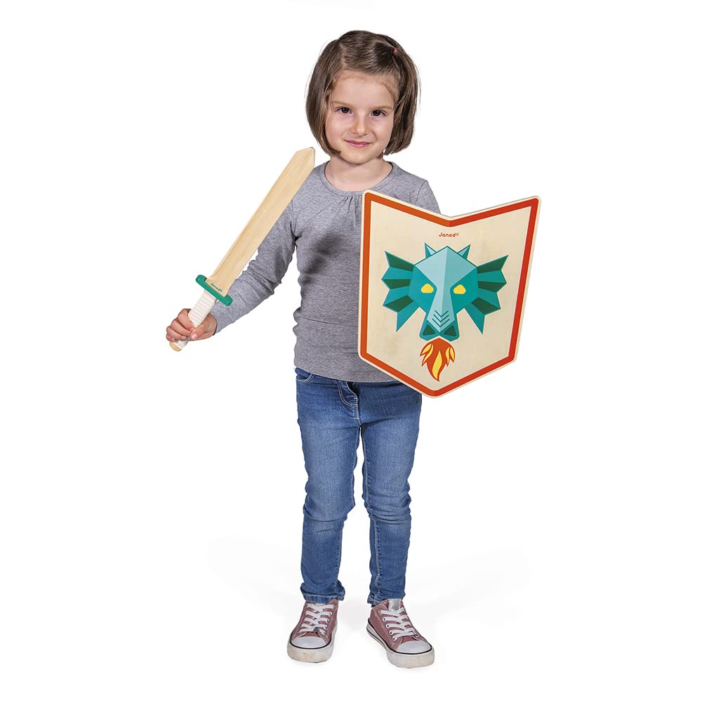 Janod - Set Chevalier Dragon - Bouclier et Épée en Bois - Jouet d'imitation - Jeu de Plein Air - Jeu Educatif Imagination et Motricité - Certifié FSC - Dès 3 Ans, J03171
