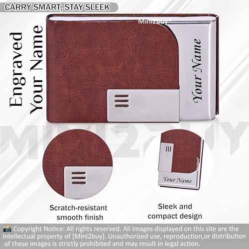 Image of Mini2buy Customized Unisex Vertical Card Holder Name Engraved for Credit|Debit|ATM|Business Visiting RFID Blocking Stainless Steel (1 x 10 x 6 cm) Personal Corporate Gift (Brown)
