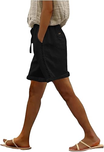 Womens Cotton Linen Casual Shorts Baggy Lightweight Short Pants Elastic Waist Drawstring Comfy Beach Shorts