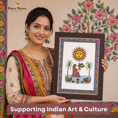 Image of PAPER PAJAMA Chhath Puja Wall Art for Living Room | Madhubani Sun God Folk Painting | Traditional Mithila Religious Framed Decor for Home, Office & Pooja Room (10x13 Inches)
