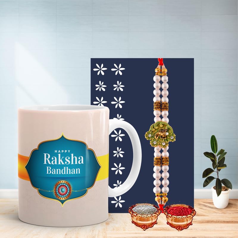 Gift Arcadia Rakhi for Brother with Printed Ceramic Mug Combo |Pack of 4 (Greeting Card, Roli Chawal, Rakhi, Printed Mug) | Best Gift for Brother (003)