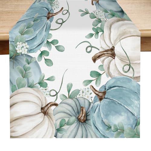 GEBETTER Camino de Mesa Otoñal 183*33cm Tela Lino Arpillera Calabazas Hojas Eucalipto Otoño Cosecha Acción de Gracias Halloween Navidad Decoración Comedor Fiesta Familia (Calabazas Azules y Blancas)