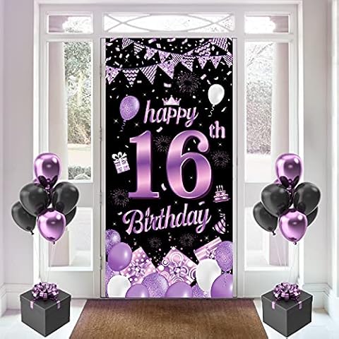 16th Birthday Banner, 16th Birthday Decorations, 16th Birthday Backdrop Purple, 16th Banners for Her, Birthday Door Banner for Girls and Boys Birthday Party Door Wall Decoration Photo Booth Props Cover