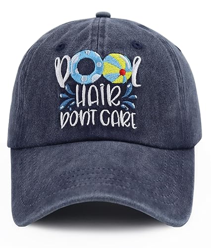 Baseball Cap - Funny Pool Stuff Accessories, Adjustable Cotton Sun Hat, Beach Summer Gifts for All, Hair Don't Care (Navy)