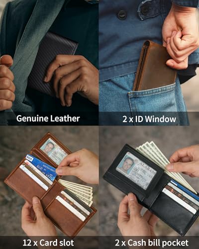 Mens Wallet Genuine Leather Bifold RFID Blocking Wallet for Men with 2 ID Windows 12 Card Holders 2 cash pockets 1 Gift Box3