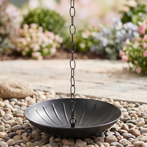 Topadorn Rain Chain Basin with Drain 10.7 Metal Anchor Bowl for Rain Chains Matte Black Catch Basin for Gutters Downspout Alternative Water Collection Base