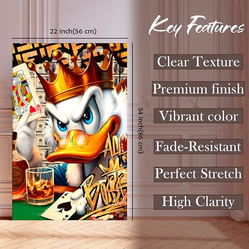 Image of Luxury Pop Art Duck King Canvas Wall Art Painting For Living Room Casino Royal Graffiti Art Painting Modern Money, Poker & Crown Theme Wall Decor, 56x86 cm
