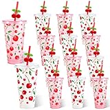Yoiemivy 12 Pack Cherry Plastic Cups with Straw and Lid 24 oz Reusable Red Cherry Party Plastic Tumblers Holiday Drinking Cups Party Decoration Favors Supplies for Wedding Birthday Party