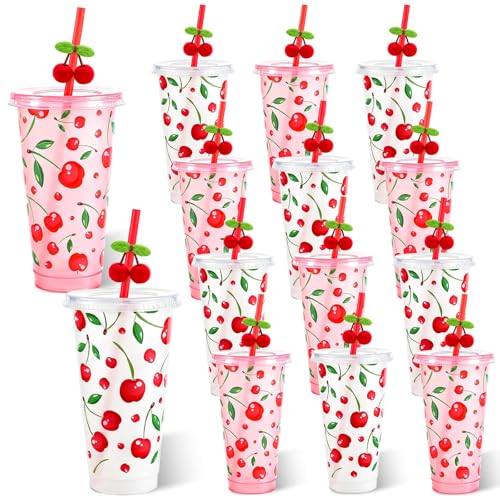 Yoiemivy 12 Pack Cherry Plastic Cups with Straw and Lid 24 oz Reusable Red Cherry Party Plastic Tumblers Holiday Drinking Cups Party Decoration Favors Supplies for Wedding Birthday Party