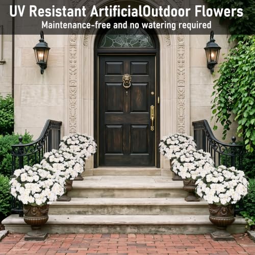LetuoClips Artificial Geranium Flowers for Outdoors Decoration,6 Bundles Silk White Flower UV Resistant Fake Plants for Front Garden Porch Planter Patio Balcony Yard Indoor Home - image 3