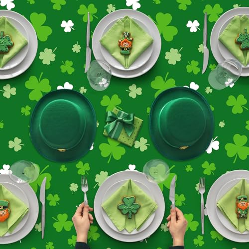 Image of 12 PCS St Patricks Day Tablecloth, Disposable 108 inch X 54 inch Shamrock Green Plastic Tablecloths, Lucky Shamrock Decor St Patricks Day Decorations for Table, Rectangle Irish Table Cover for Green Party