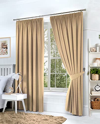 Hachette Thermal Blackout Curtains Pencil Pleat Tape Top Including Pair of Tiebacks (Cream Natural, 46" X 54")