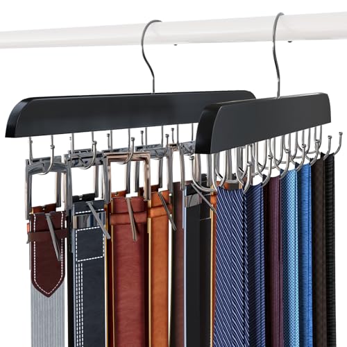 KERELEIME 2PCS Multi-Purpose Tie Rack,Belt Organizer,Belt Hanger for Closet Organizers and Storage with 14 Hooks,Tie Hanger Hook for Belt,Bra,Tank Top,Hat,Tie,Scarf,Purse,Necklace (Black)