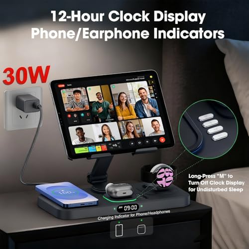 Image of 30W Tablet Wireless Charger for Samsung, Foldable Android Charging Station with Clock Display with 7-Color Light, Wireless Watch Charger for S25, Only Compatible Samsung Watch, Galaxy Buds3 Pro(Black)