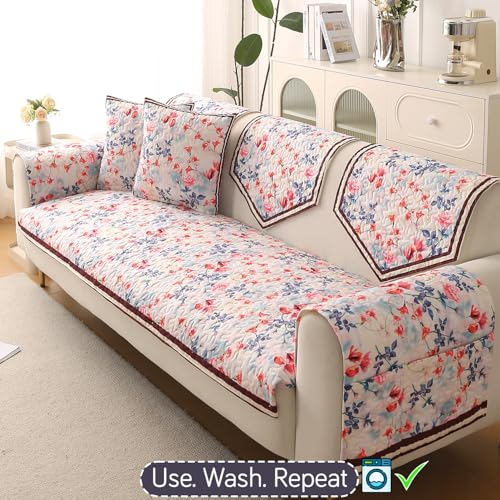 Image of HOKIPO 'Florentina Series' Foam Filled Premium Holland Velvet Sofa Cover Mat for 3 Seater Sofa with Anti-Slip Backing, Scarlet Rose Ivory (IN-881-V4)