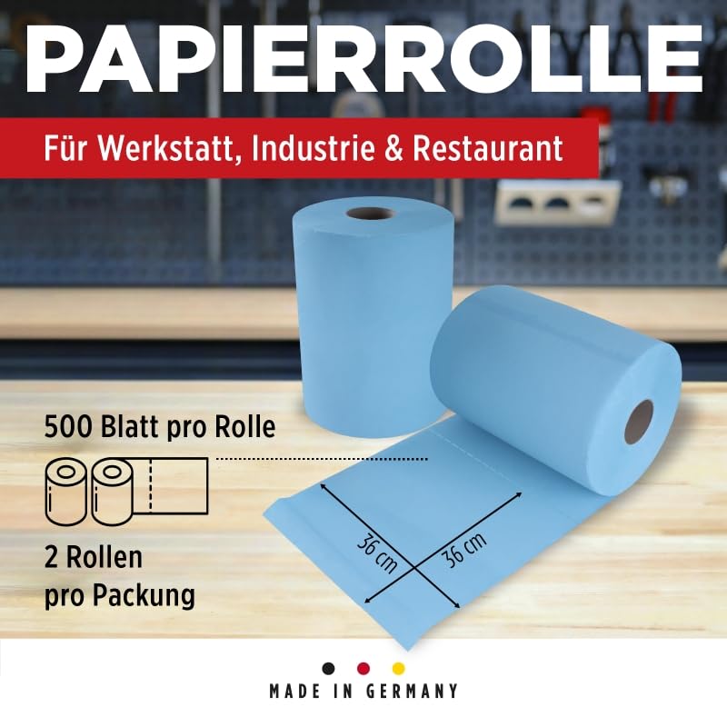 TECPO Putztuchrolle Blau 2x 500 Blatt gesamt 1000, 3-lagig, perforiert, saugstark, Putzrolle Papierrolle Reinigungstücher Wischtücher Putzpapier für Gewerbe