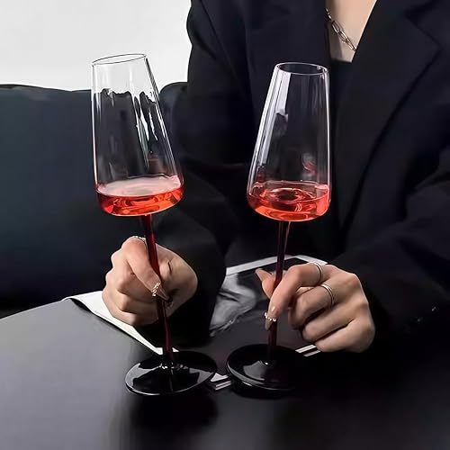 Miniatura 6 de RYUHYF Copas de champán (8.6 onzas), tallo rojo largo, base negra, cuerpo elegante, juego de 2 copas de vino de cristal de lujo, sopladas a mano,