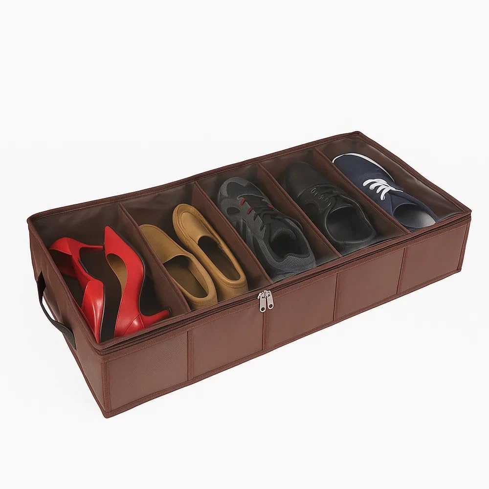 5 Pair Shoe Storage Box Organizer | underbed Closet Folding Shoe Box | Non-Woven Fabric & PVC (63.5L x 30.5W x 12.7H) (Brown)