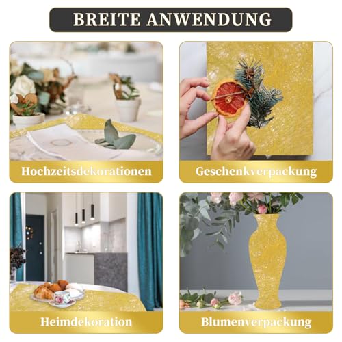Vlies Tischläufer Gold, 20cm x 25m Tischläufer Wiederverwendbaren Dekostoff Tischband mit Eisenschere, Tischdecke Papierrolle für Hochzeiten Valentinstag Taufen Festliche Dekoration