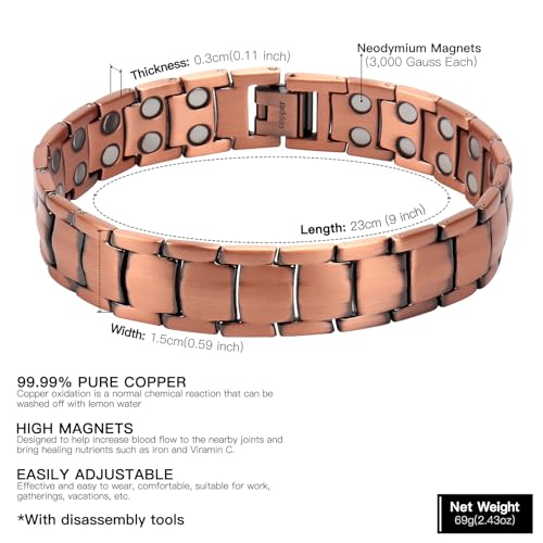 THE NORTH RING® 99.9% Pure Copper Magnetic Bracelet - 3000 Gauss Magnetic Copper Bracelets for Men - Double-Row Strong Magnets Adjustable2