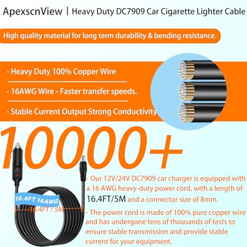 Image of 16.4 FT Car Charger Cable, 12V /24V DC7909 Car Cigarette Lighter Cable Compatible with BLUETTI /ExpertPower /Westinghouse Portable Power Station,16AWG 8mm DC Power Cord with 15A Fuse (16.4FT, DC7909)