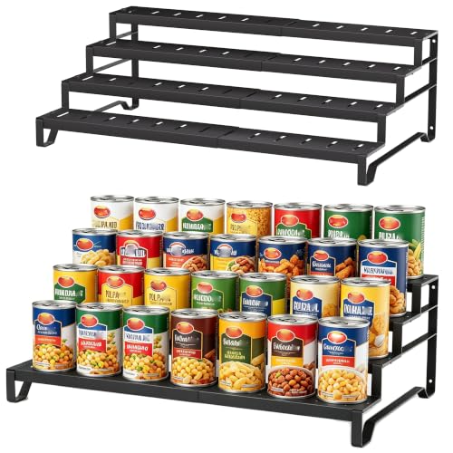 Expandable Can Organizer for Pantry, 4 Tier Metal Canned Food Storage 2Pack | 13″-21″ Adjustable Length, Tiered Reversible Shelf Design, Large-Capacity Storage for Kitchen Cabinets & Countertops