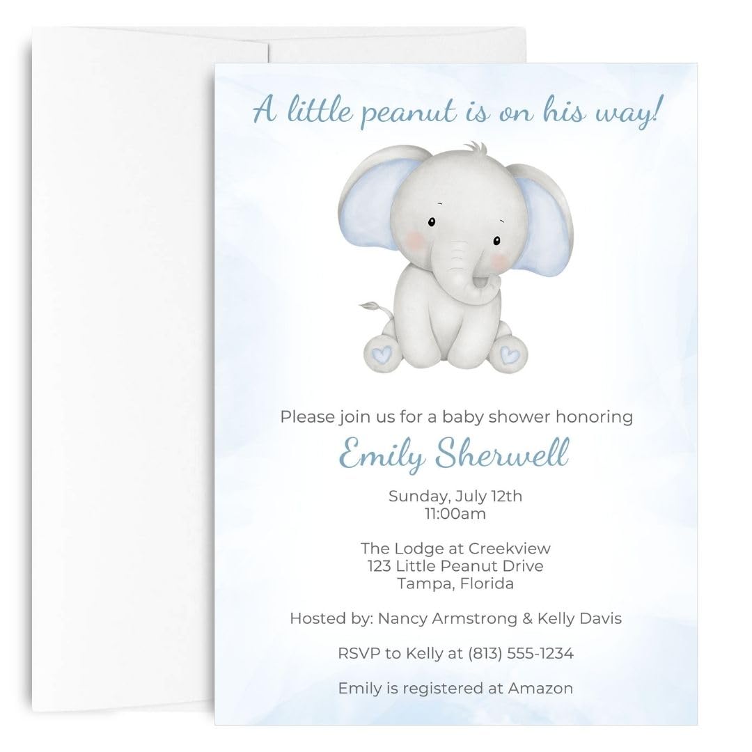 Elephant Baby Shower Invitations for Boys | Blue Little Peanut with Envelopes | Printed Custom Cards | Set of 12