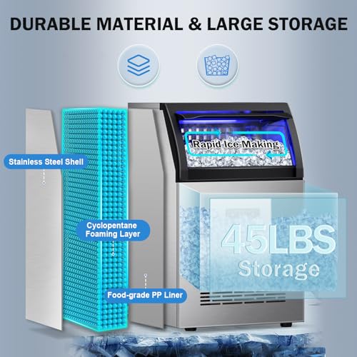 Image of Ice Maker Machine Commercial, 150Lbs /24H with 45Lbs Large Ice Capacity, 55Pcs Clear Ice Cubes Ready in 8-15Mins, Freestanding Large Ice Machine for Restaurant Bar Home Office