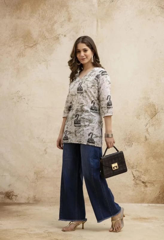 Image of Women's Ethnic Printed Rayon Short Kurta | Stylish Round Neck V-Slit Straight Kurti | Comfortable, Office & Casual Kurta for Jeans, Leggings & Trousers