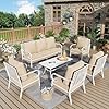 6 piece patio furniture set 4 x fixed chair 1 x 3 seat sofa with marbling coffee table all cushioned 7 seats outdoor conversation set for lawn garden backyard beige  urban country home decor