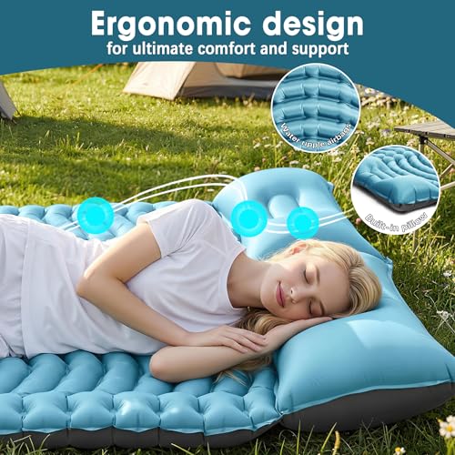 Image of Double Sleeping Pad for Camping - Ultralight Camping Mattress with Pillow, Built-in Foot Pump, Compact Inflatable 2-Person Portable Mat for Backpacking, Hiking, Car Traveling, Beach, Tent