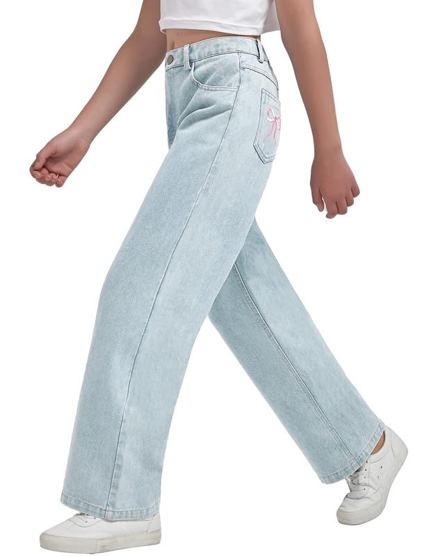 EXARUS Girls Wide Leg/Flare Jeans Bow Embroidery/Leopard Print Denim Pants with Pockets Casual for Kids 6-14Y3