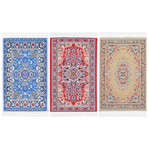 Heclia Dollhouse Rug 3 PCS Miniature Dollhouse Accessories 1:12 Vintage Woven Dollhouses Rug Mini Carpet for Dollhouses Furniture Mini Floral Print Carpet for Doll House Floor Decor(Blue, Yellow,Red)