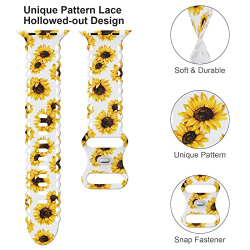 Image of Compatible with Apple Watch Band 41mm 40mm 38mm 49mm 45mm 44mm 42mm Women Girl, Sunflower Print Lace Hollow-out Soft Silicone Sport Bands For iWatch Ultra SE Series 9 8 7 6 5 4 3 2, SunflW-42