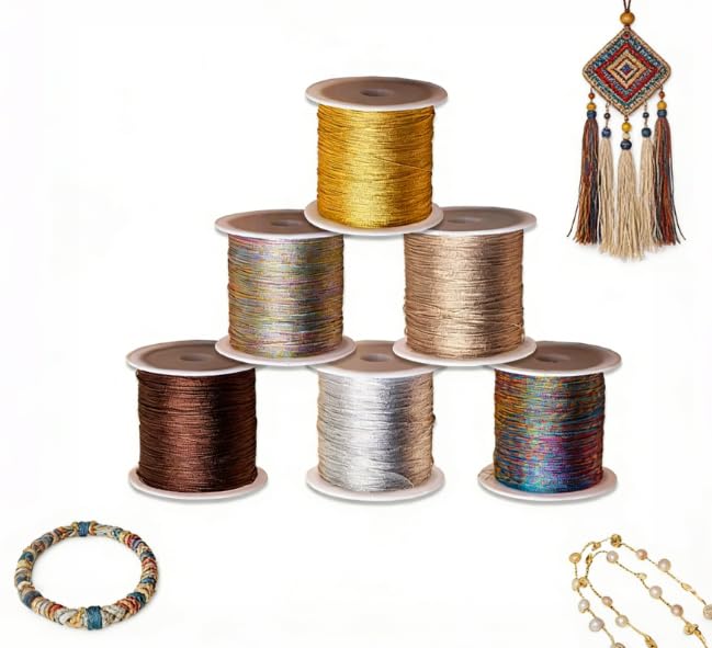 Vunanvu Hilo Metálico 300m, 6 Rollos Cordón Metálico Crochet 0,4 mm x 50 m/Rollo, Hilos Metálicos para Manualidades, Hilo Brillante para Crochet Manualidades Collares Joyas Pulseras y DIY Regalo