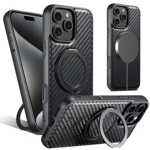Coque iPhone 15 Pro carbone noir luxe avec anneau cuir